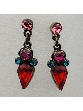 ✨2/$10✨ Red Dangle Earrings Teardrop Shape, Pink and Turquoise Rhinestones